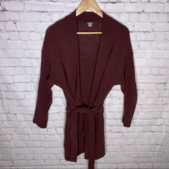 Aerie Chenille Burgundy Belted Cardigan 